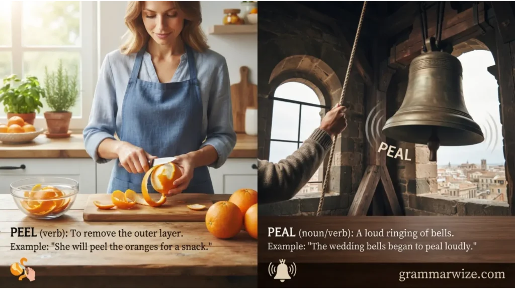 Peel or Peal in Different Sentences